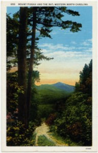 A landscape scene on a postcard displays Mt. Pisgah and the peaks resembling a rat on the mountain.
