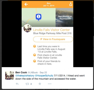 Tweet about a recent visitor experience at Linville Falls. 22 September 2014. Twitter. 